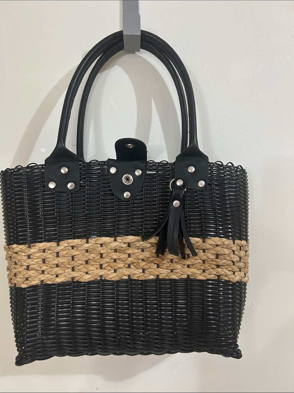 Black and Natural Woven Tote Bag with Tassel